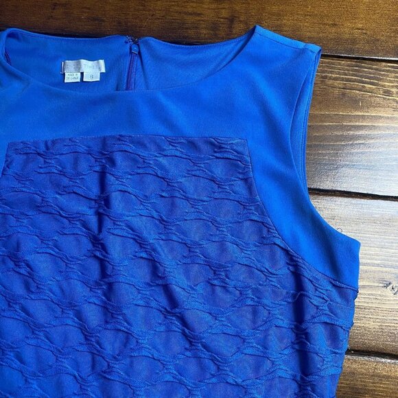 London Times Pencil Dress women’s Blue Textured Curved Lined Short Sleeve Size 8 - Picture 8 of 9
